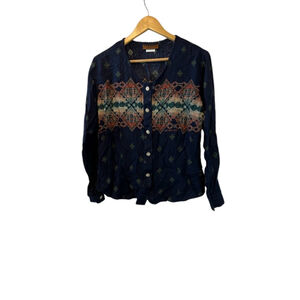 Blue Printed Button Up Rayon Long Sleeve Boho Top L